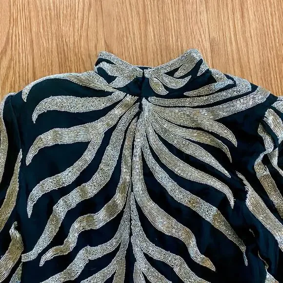 Vintage 1980s Black Beaded Silk Long Maxi Evening Gown Womens Medium - Picture 8 of 16